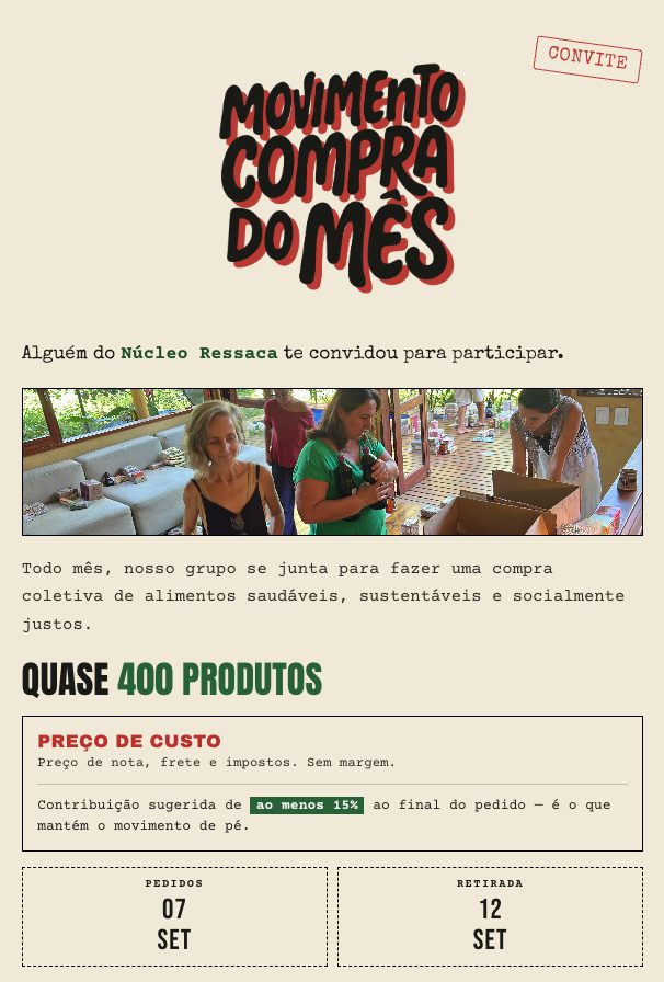 Página de convite do Núcleo Ressaca no Movimento Compra do Mês