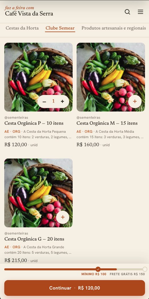 Página de loja no Faz a Feira, com cestas orgânicas e o valor do pedido